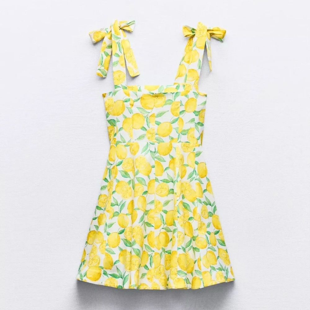 Lemon Fruit Print Babydoll Linen Blend Mini Dress Stylish Blouse Yellow - Picture 2 of 2